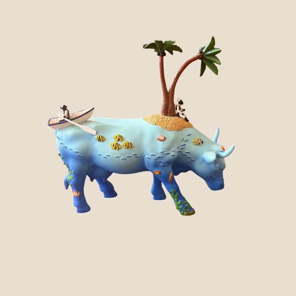 CowParade No Cow is an Island Figurine OS Blue Tropical 2004 broken palm leaf